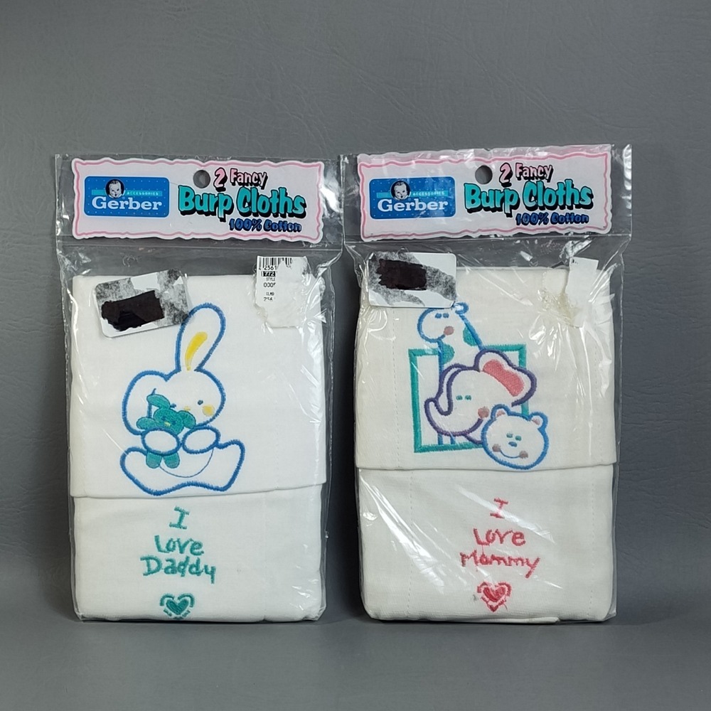 Vintage Gerber Diaper Burp Cloths Lap Pad 100% Cotton I Love Mommy / Daddy NEW
